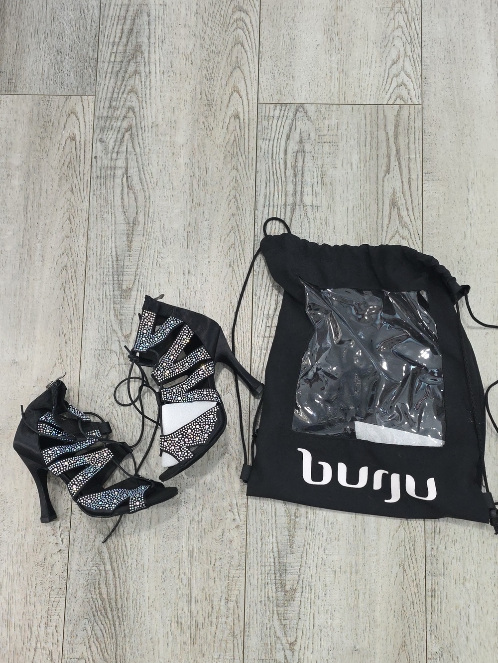 Burju Black Rhinestone Lace-Up Heels